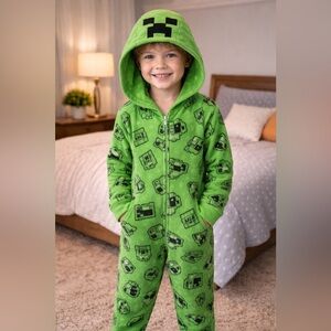 Minecraft Creeper Fleece Hooded One-Piece Pajamas – Kids Size 6